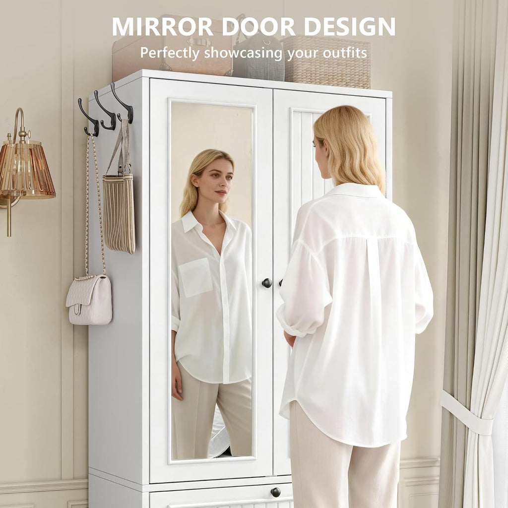70" Armoire Wardrobe Closet with Doors & Mirror,Wooden Wardrobe with Drawers and 3 Side Hooks,Large Freestanding