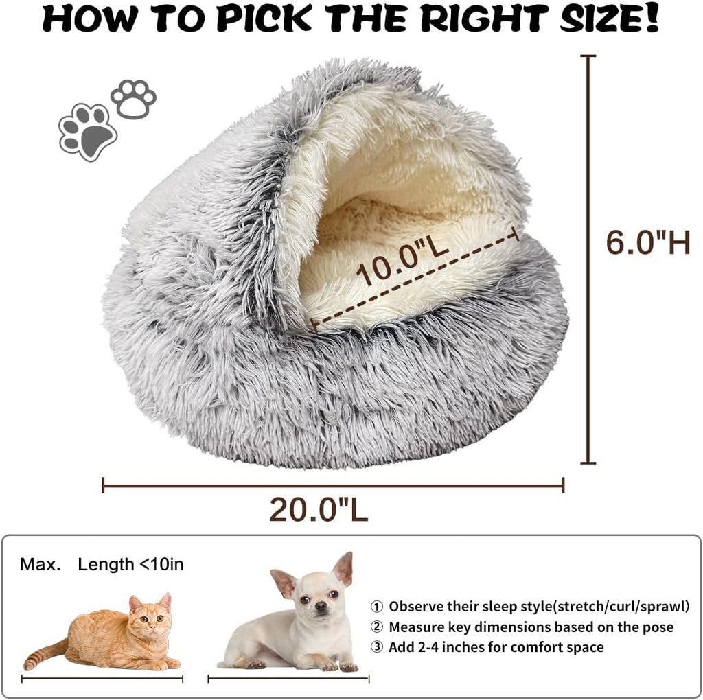 Cat Bed Round Plush Fluffy Hooded Cat Bed Cave, Cozy for Indoor Cats or Small Dog beds