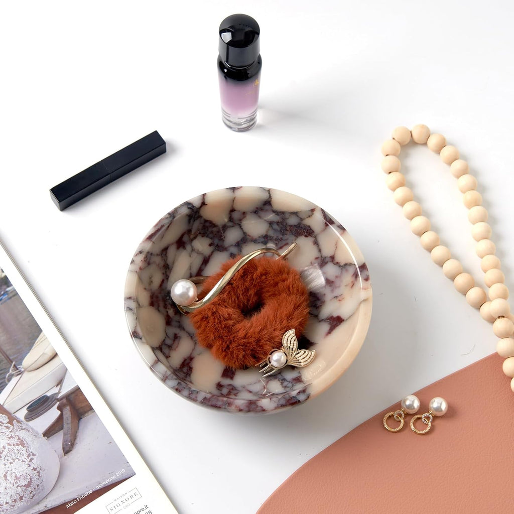 Luxury Natural Marble Decorative Bowl - Medium 7-Inch Calacatta Viola Marble for Coffee Table Centerpiece Holder