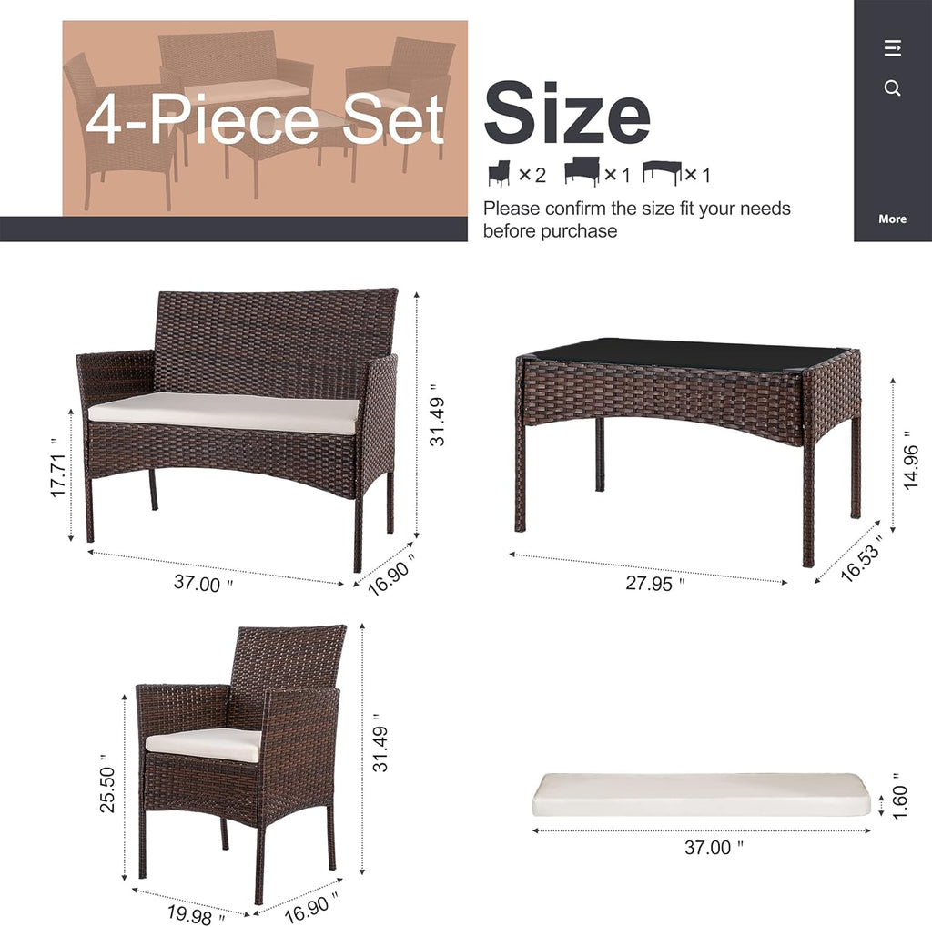 4 Piece Outdoor Patio Furniture Set, Wicker Rattan Patio Conversation Set