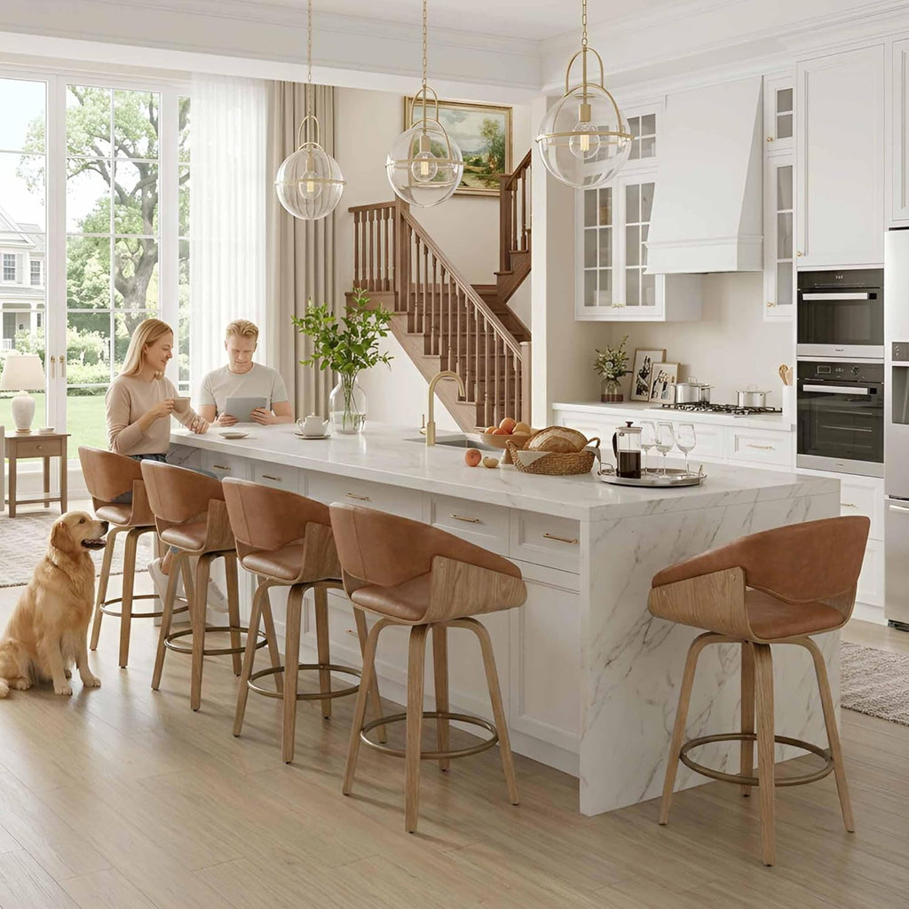 26 Inch Swivel Bar Stools with Back Set of 4, Brown Faux Leather Upholstered Counter Height Barstools with Solid
