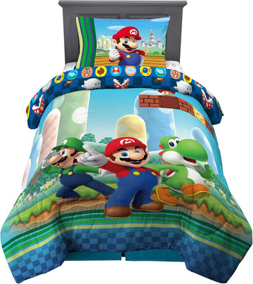 Super Mario Kids Bedding, 4 Piece Super Soft Cozy Reversible Comforter and Sheet Set, (Officially Licensed Product)