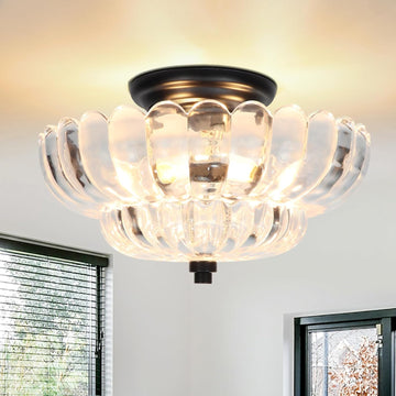 11.8-Inch Black Semi Flush Mount Ceiling Light, Modern 3-Light Clear Glass Chandelier Light Fixture Kitchen Bathroom