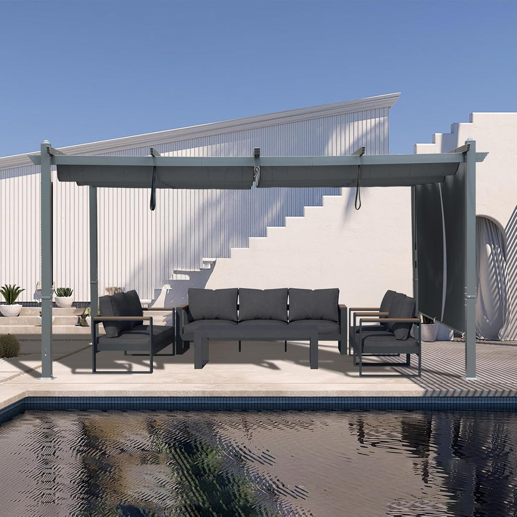 12x14 FT Outdoor Pergola - Retractable Shade Canopy with Aluminum Frame & Roller Shade Curtains for Patio