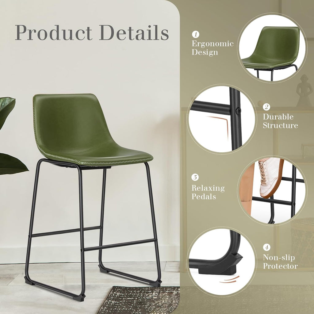 Bar Stools Set of 2, 26 Inch Counter Height Faux Leather Barstools with Back, Modern Metal Leg Bar Chairs