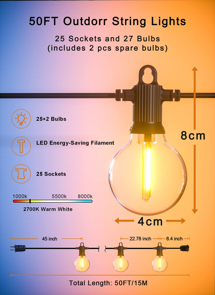 Outdoor String Lights, 50FT G40 LED IP65 Waterproof Patio Lights