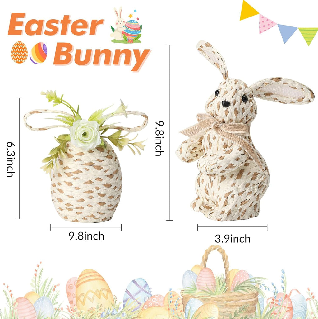 Handwoven Easter Decor, Rattan Bunny with Fixed Floral Egg Ornament, Farmhouse Spring Woven Decor - Set of 2
