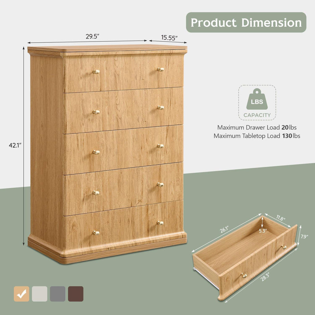 Modern 5 Drawers Dresser , 42" Tall Dressers & Chests of Drawers w/Curved Waterfall Edge, Wood Mid Century Vertical