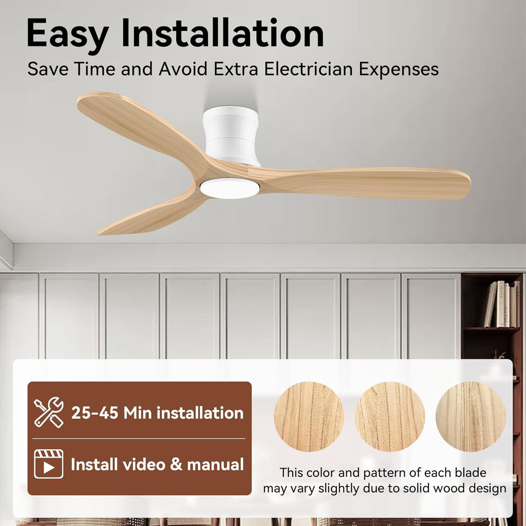 52” Wood Smart Flush Mount Ceiling Fans with Lights and Remote,Quiet DC Motor