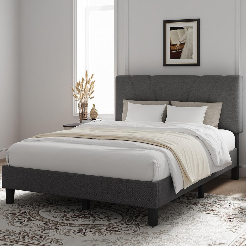 King Bed Frame and Headboard, Linen Upholstered King Bed Frame with Wood Slats Support, No Box Spring Needed