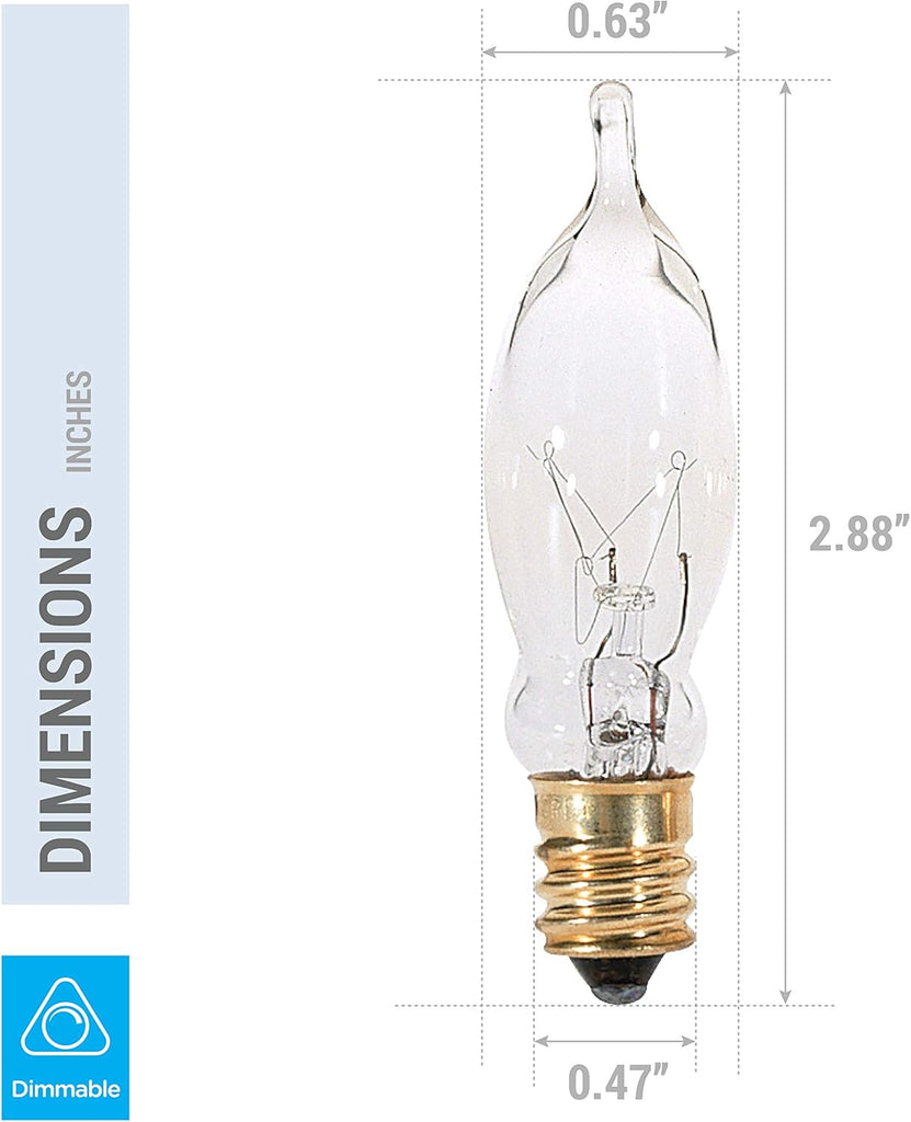 12 Pack) 7.5CFC/15/3 7.5W 120 Volt, Flame Candelabra Tip Chandelier Bulb, Clear CA5 Incandescent, Petite Decorative