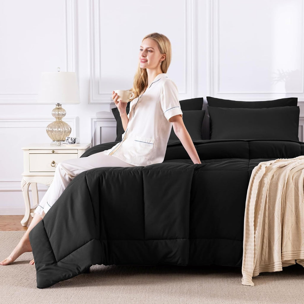 Comforter Set Black, 7 Pieces Bed in a Bag, Black Comforter