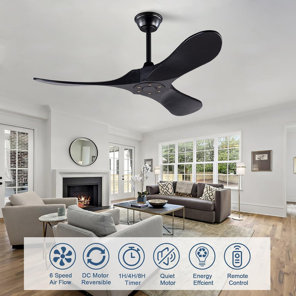 Inspired Maverick Style 42 Inch Solid Wood Ceiling Fan with Remote,Black Ceiling Fan no Light,6 Speeds,Noiseless,Reversible DC Motor,Modern Ceiling Fans without Lights for Outdoor Indoor Bedroom Farmhouse,Patios