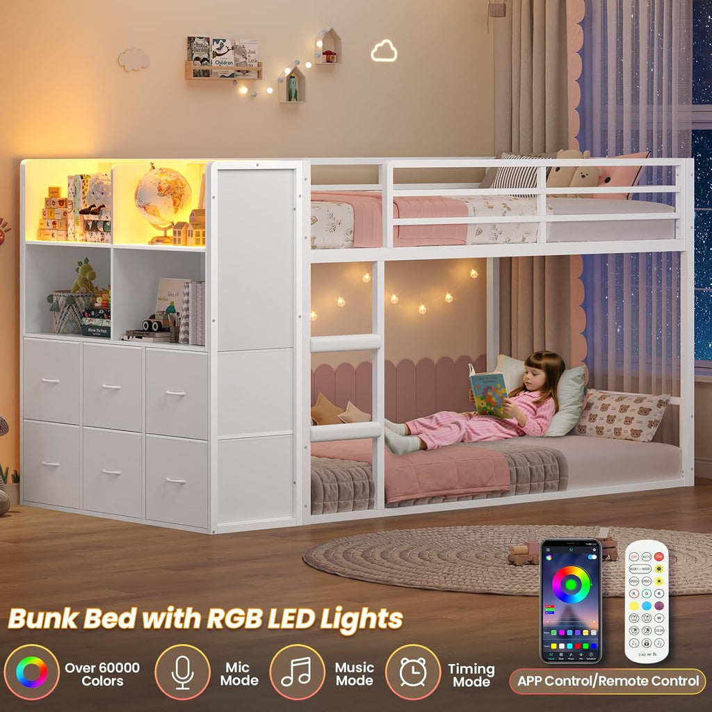Bunk Bed Twin Over Twin with 6 Large Fabric Drawers & 4 Wooden Storage Bookshelf Organizer