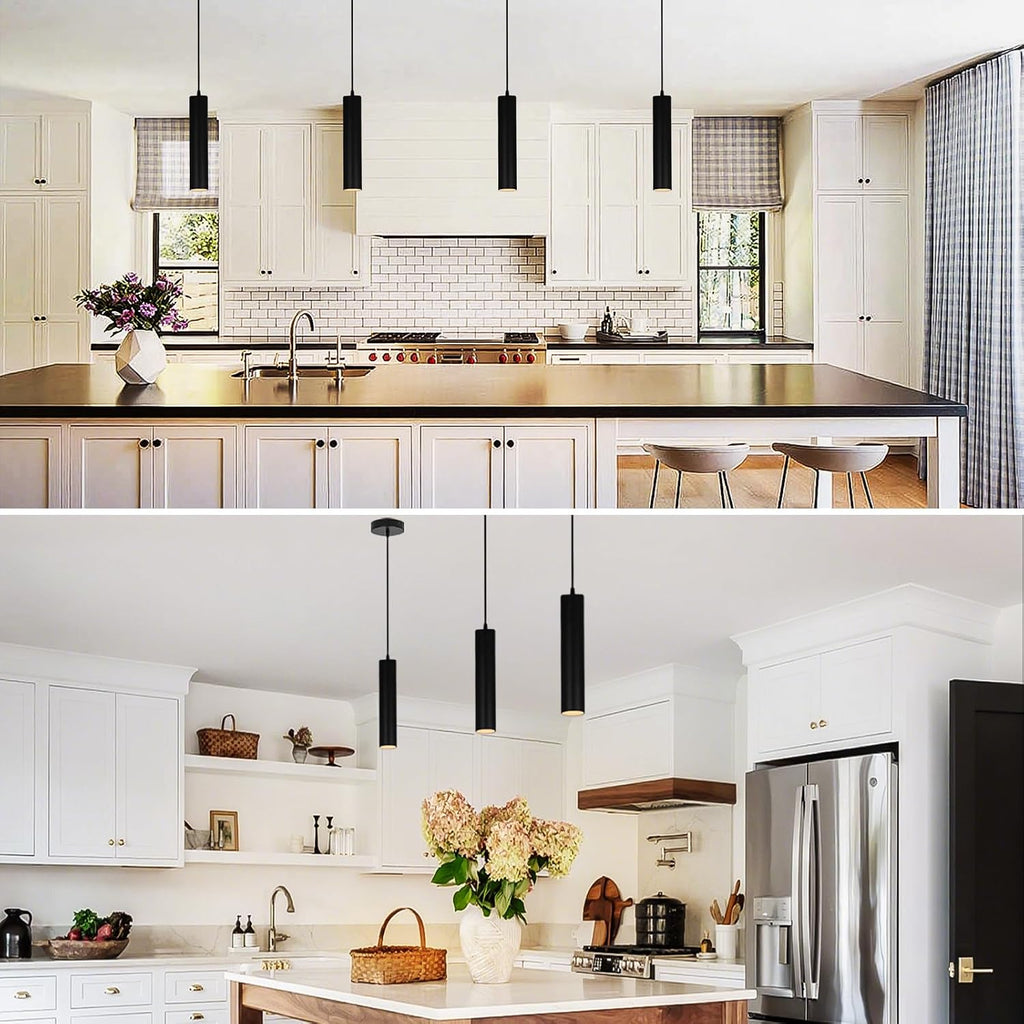 Modern Black Pendant Lights 2 Pack, LED Minimalist Pendant Lighting Fixture for Kitchen Island, Long Tube Hanging