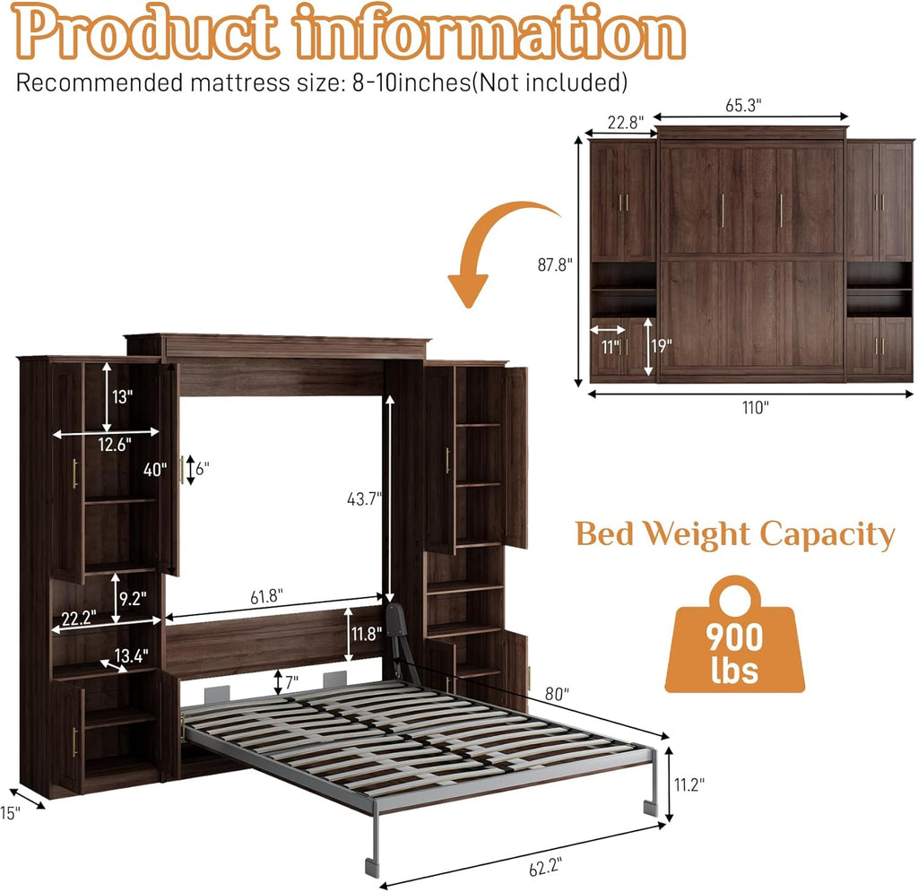 Murphy Bed Queen with 2 Side Cabinet Storage Shelves, Queen Wall Bed Cabinet with USB Port, Wood Foldable Platform