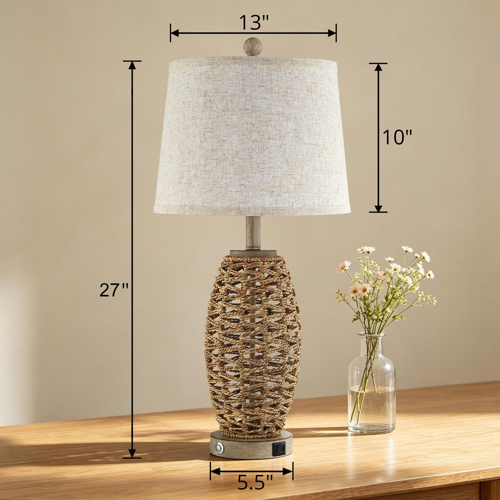 Rattan Table Lamp, Dimmable Touch Lamp for Bedside Table, Rustic Vintage Table Lamp with USB Ports, Farmhouse