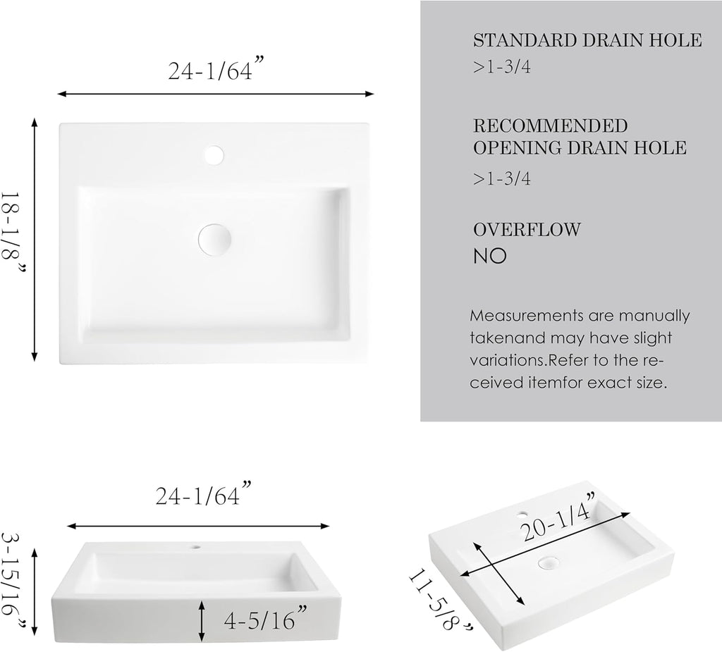 24 x18 Inch Rectangular White Bathroom Vessel Sink