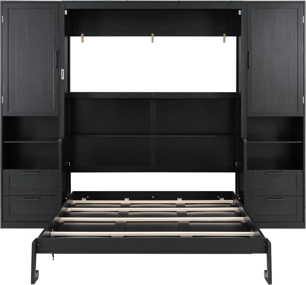 Queen Murphy Bed with Desk, Closet, Drawers and Shelves, Fold into The Wall, Space-Saving Foldable Wood Platform Bed