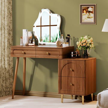 Walnut Stylish Corner Makeup Vanity Table,Vanity Desk with Lighted Mirror and 4 Spacious Drawers,Bedroom Essential