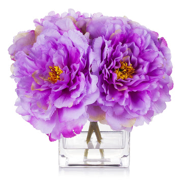 Floral Artificial Flowers Silk Peony Fake Flowers Arrangement in Cube Glass Vase with Faux Water Wedding Event