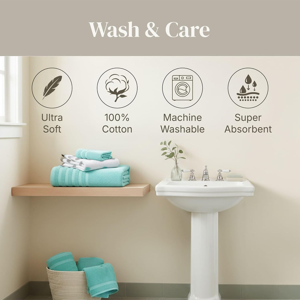 6 Piece Bath Towel Set - Bathroom Set with 2 Bath Towels, 2 Hand Towels, and 2 Wash Cloths - 100% Cotton, Super