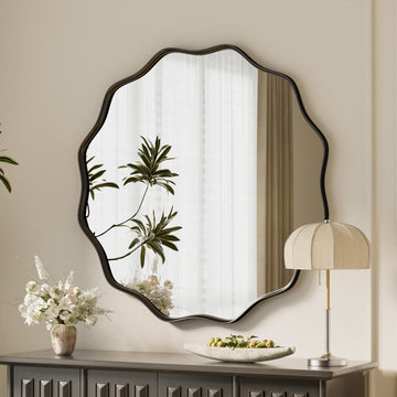Black Scalloped Circle Mirror, 24" Wavy Edge Round Wall Mirror