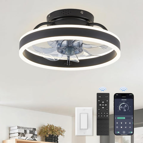 Low Profile Ceiling Fans with Lights and Remote, 13 Inch Fandelier Ceiling Fan with Light, Black Modern Flush Mount Ceiling Fan, Small Dimmable LED Fan Lights for Bedroom A101-B0D2KW3N48