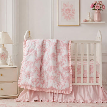 Organic Cotton Crib Bedding Set for Girls 3 Pieces Baby Boho Ruffled Quilted Comforter with Fitted Sheet, Bed Skirt