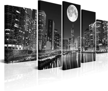 5 Panel Chicago Skyline Wall Art Cityscape at Moon Night Picture Canvas Prints Modern Black and White City Painting