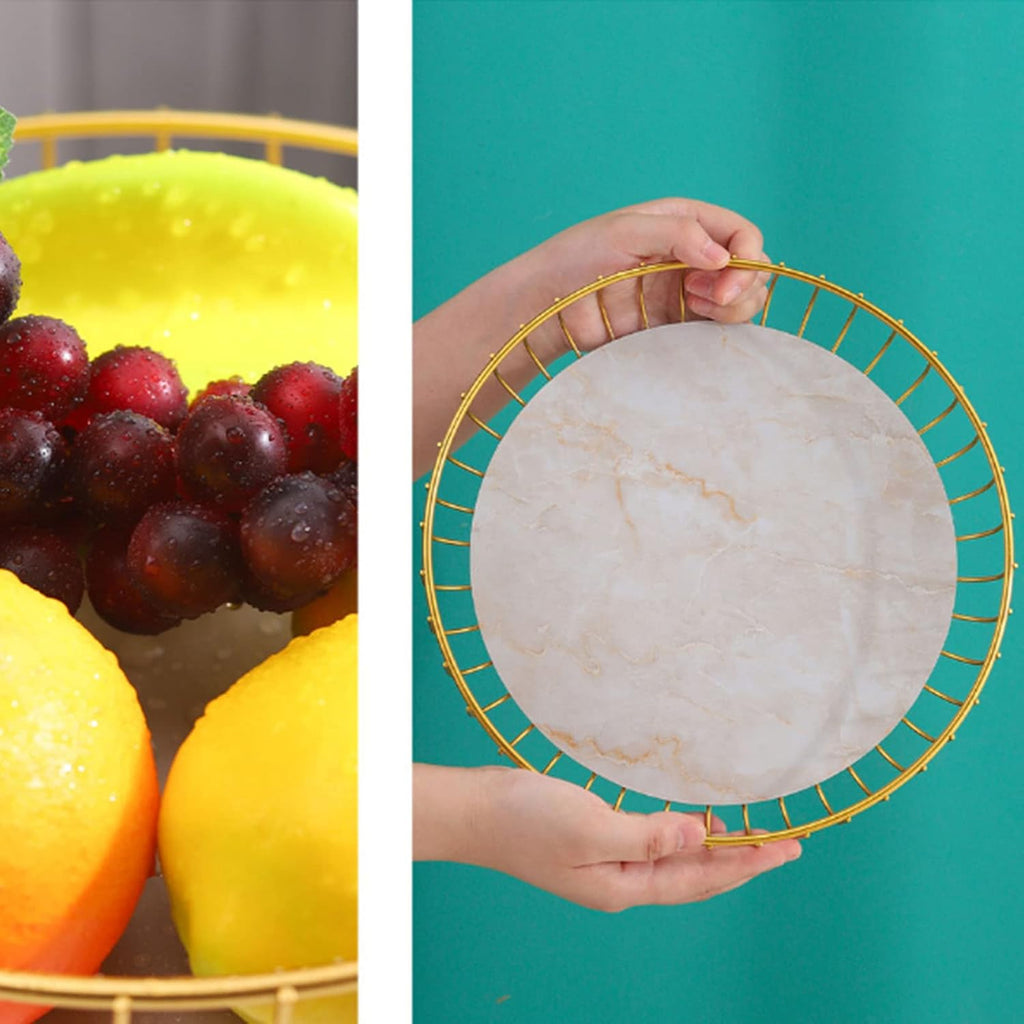 Metal Wire Fruit Basket, 9 inch Pedestal Fruit Bowl with Marble Tray, Decorative Iron Wire Bread Snacks Holder