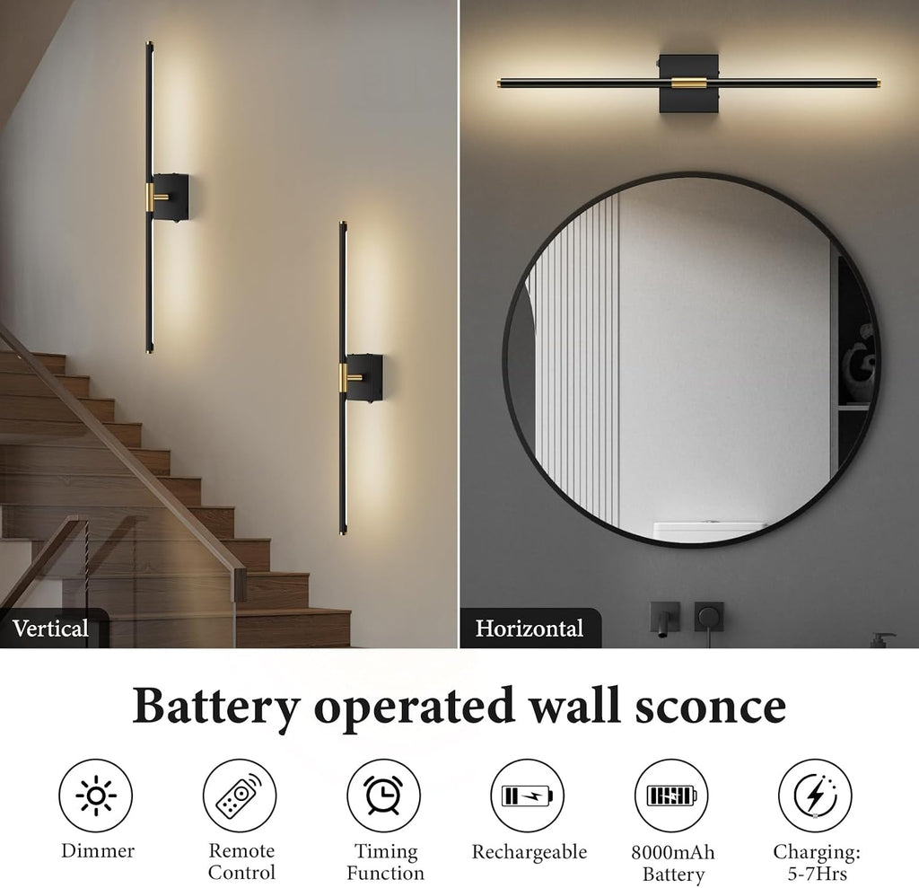 Wall Sconces Set of 2 Battery Operated, Wireless USB Rechargeable Wall Lights with Remote Control, 360° Rotation