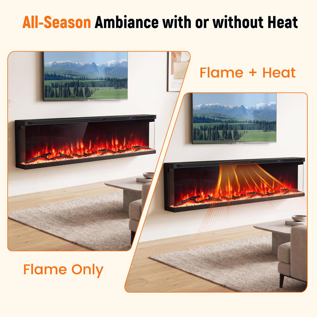 60 Inches 3-Sided Electric Fireplace Insert, Wall-Mounted Heater