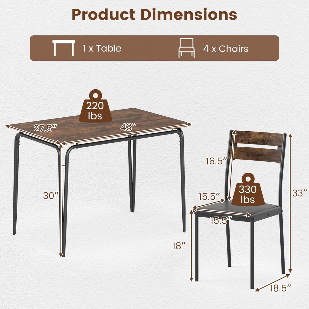 5-Piece Dining Table Set for 4, 43-Inches Rectangular Kitchen Table & 4 Armless Chairs with Upholstered Seat, Metal
