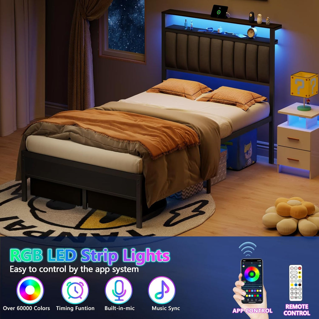 Full Bed Frame with Charging Station and LED Lights, Grey Upholstered Headboard with Shelves