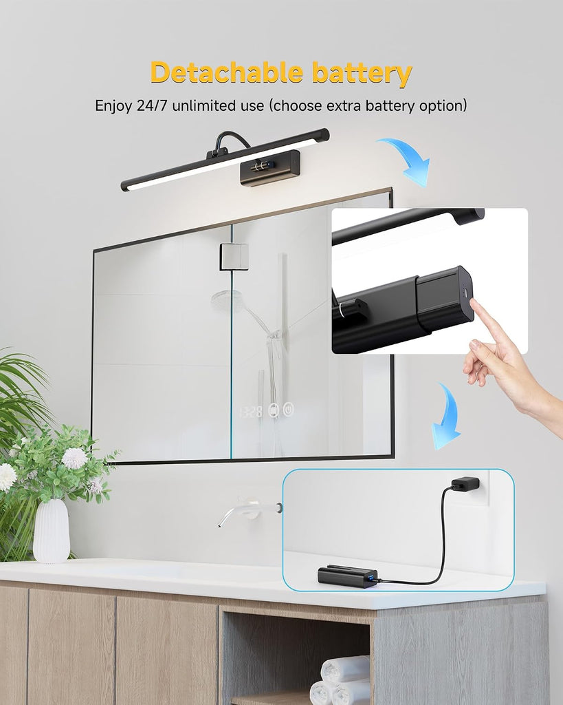 Bathroom Vanity Light Wireless Rechargeable Black 24 inch Black | 10000mAh Rechargeable Battery, 500LM Dimmable, 3