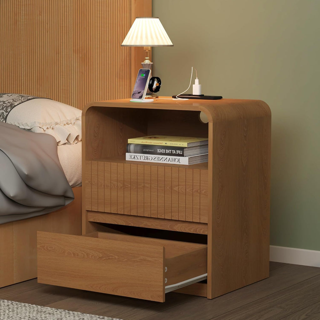 Modern Nightstand with Charger Station, 24" Tall Mid Century End Table with 2 Storage Drawers, Wood Bedside Table