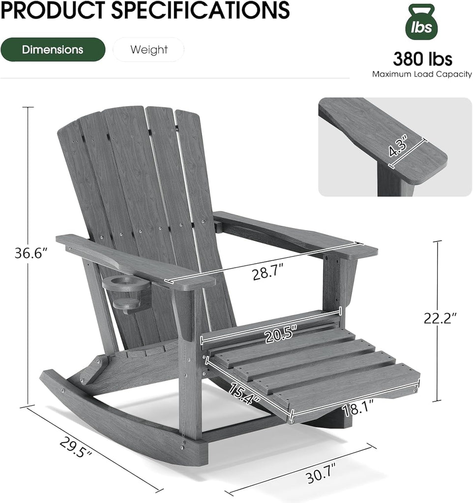 Adirondack Rocking Chair with Retractable Ottoman,Outdoor Folding Adirondack Chair with Cup Holder,HDPE All-Weather