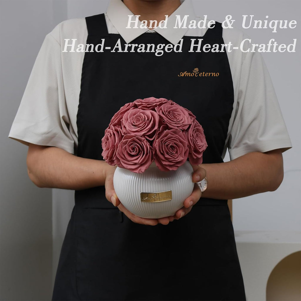 Preserved Roses,Weeding Flowers,Table Centerpiece Flowers,14Pcs Long Lasting Real Rose in Ceramic Vase,Table Flowers