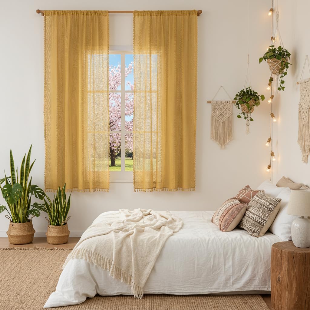 Boho Lace Curtains 63 Inches 2 Panel, Light Filtering Privacy Tassel & Geometry Crochet Semi Sheer Curtain Drapes