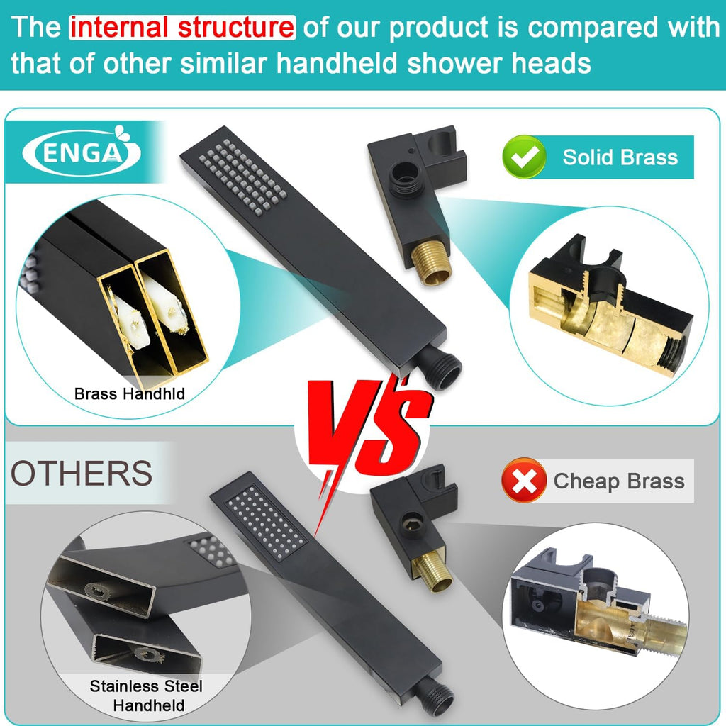 Square Matte Black Solid Brass Eco-Performance Hand Held Shower Head with Wall Connector and Hose Wall Mount Handheld