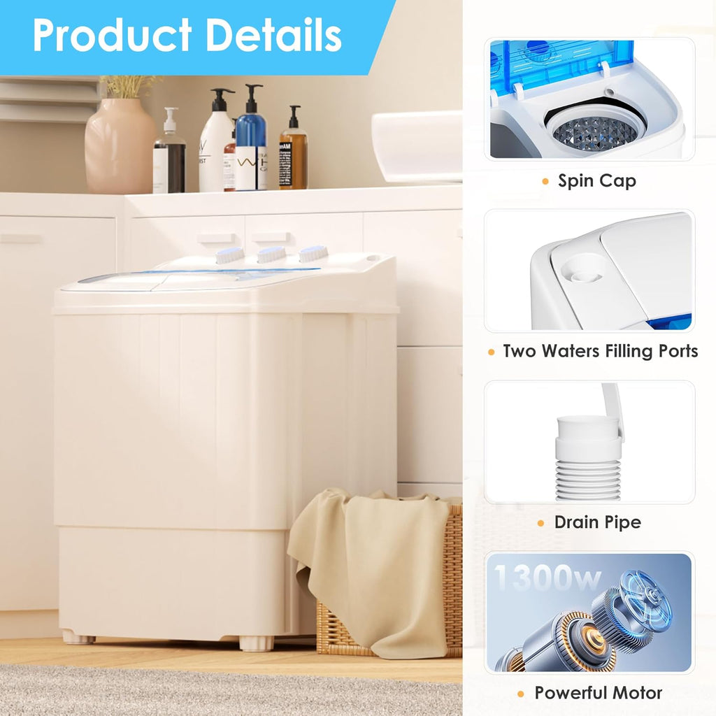 Portable Washer and Dryer, 16 lbs Mini Small Washing Machine Combo with Spin Dryer, Compact Twin Tub Laundry Washer