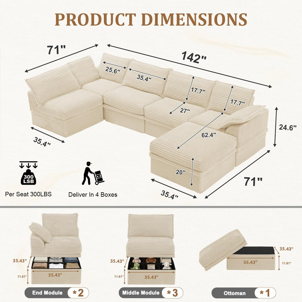 Upgrade Boneless Couch with Storage, Extra Deep&High Seat Modular Sectional Sofa 5 Seater U Shaped Couch with
