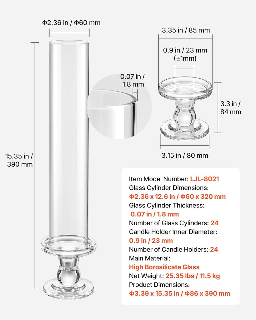 Hurricane Candle Holders Set of 24, 12.6 in Tall Clear Glass Taper Candle Holders, High Borosilicate Glass, 2.36 in