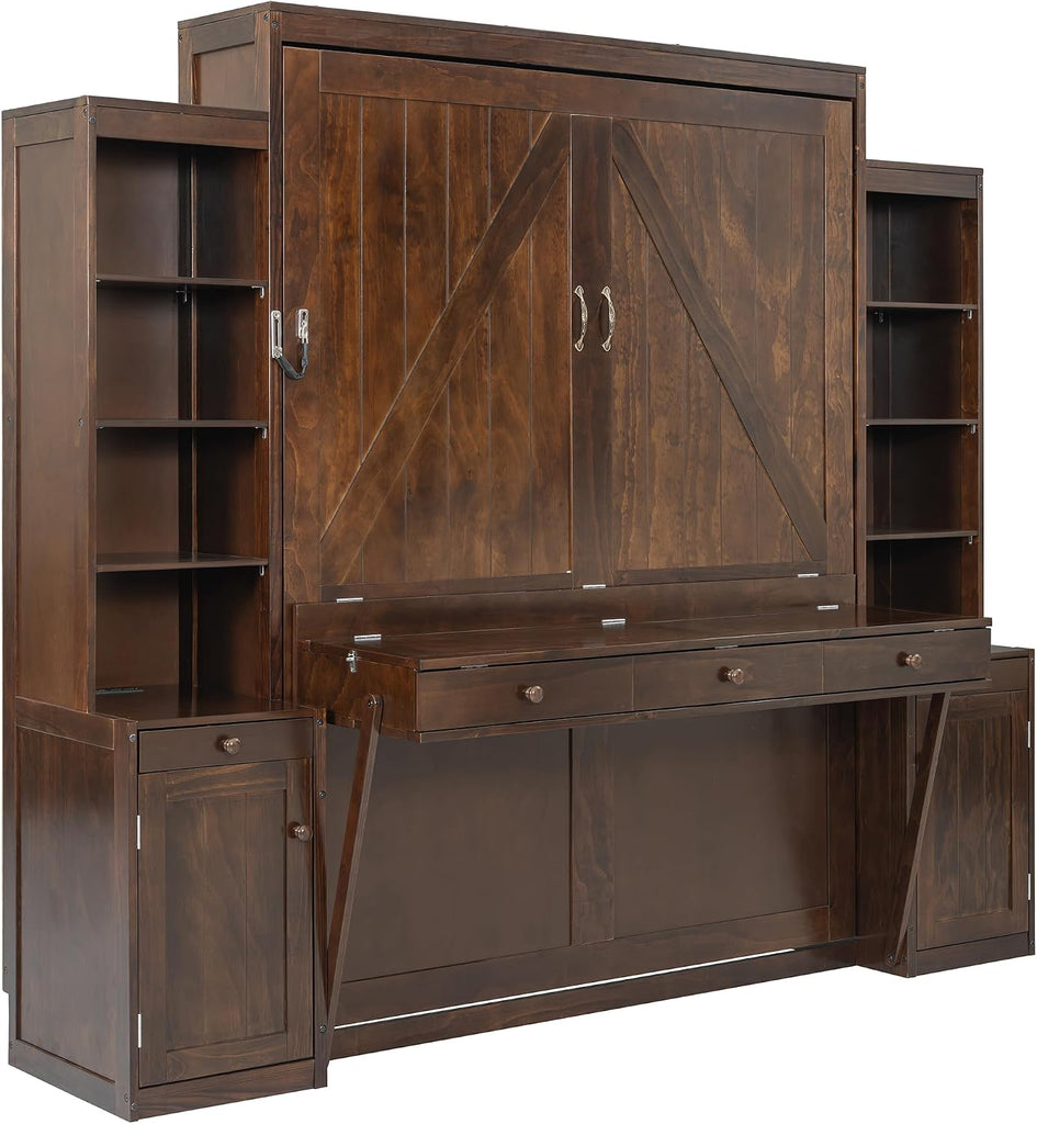 Queen Murphy Bed with Desk and LED Lights, Power Outlet, Foldable Murphy Cabinet Bed with Open Storage Shelves &