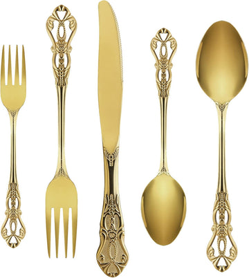 Gold Silverware Set for 8, Stainless Steel Gorgeous Retro Royal Flatware, 40-Pieces Cutlery Tableware