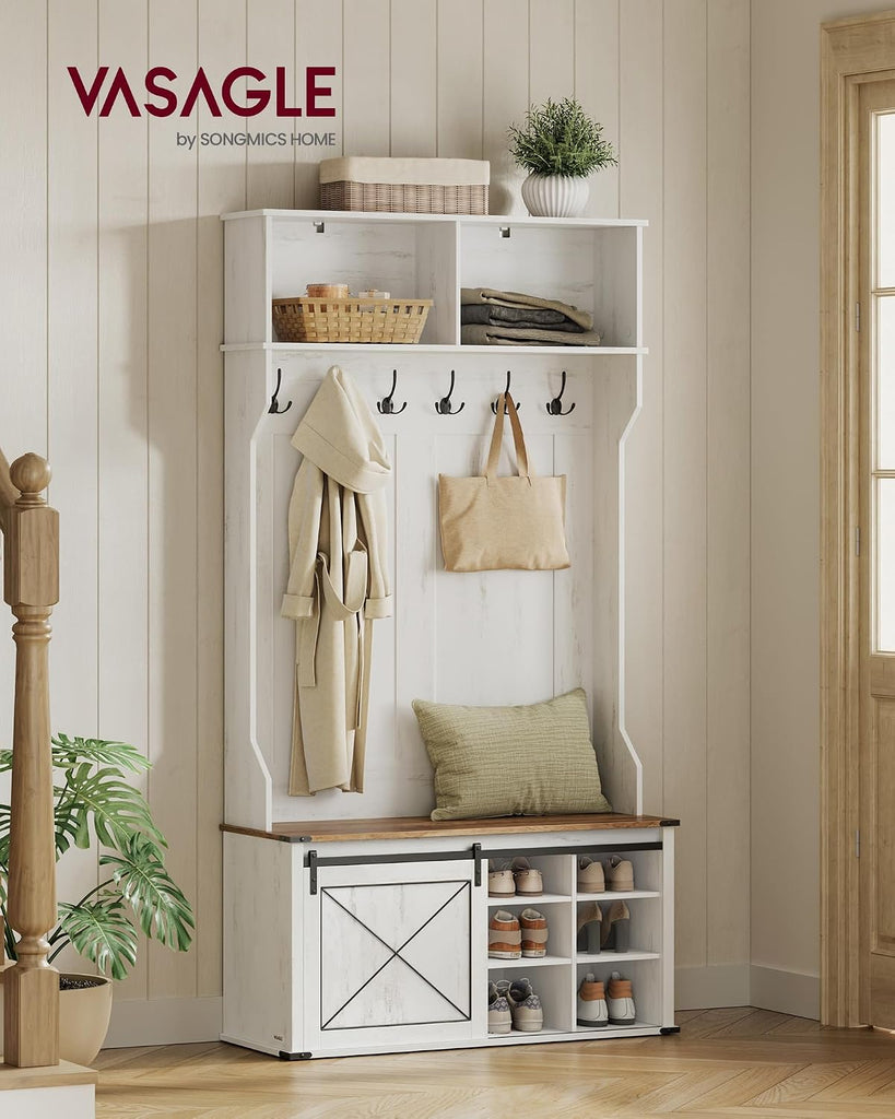 Hall Tree with Bench and Shoe Storage, Coat Rack with Shoe Bench, Entryway Furniture, 6 Tri-Hooks, Sliding Door