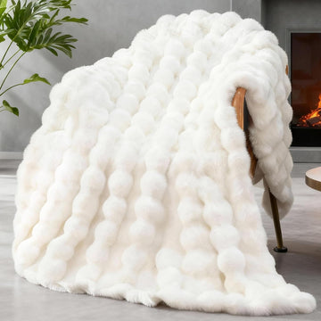 Faux Fur Throw Blanket, 1000 GSM Cozy Fuzzy Fluffy Soft Plush Thick Bubble Blanket, Mothers Day Birthday Gifts for