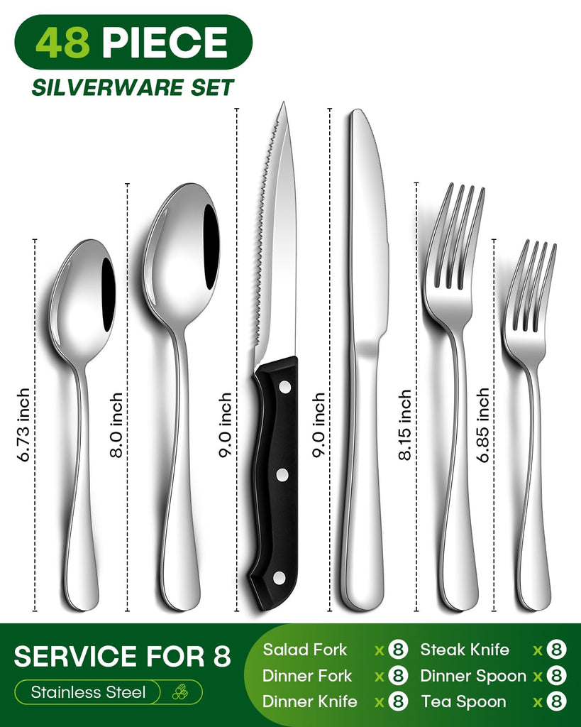 Silverware Set, 48-Piece Flatware Set with Steak Knives for 8, Stainless Steel Mirror Cutlery Include Forks Spoons