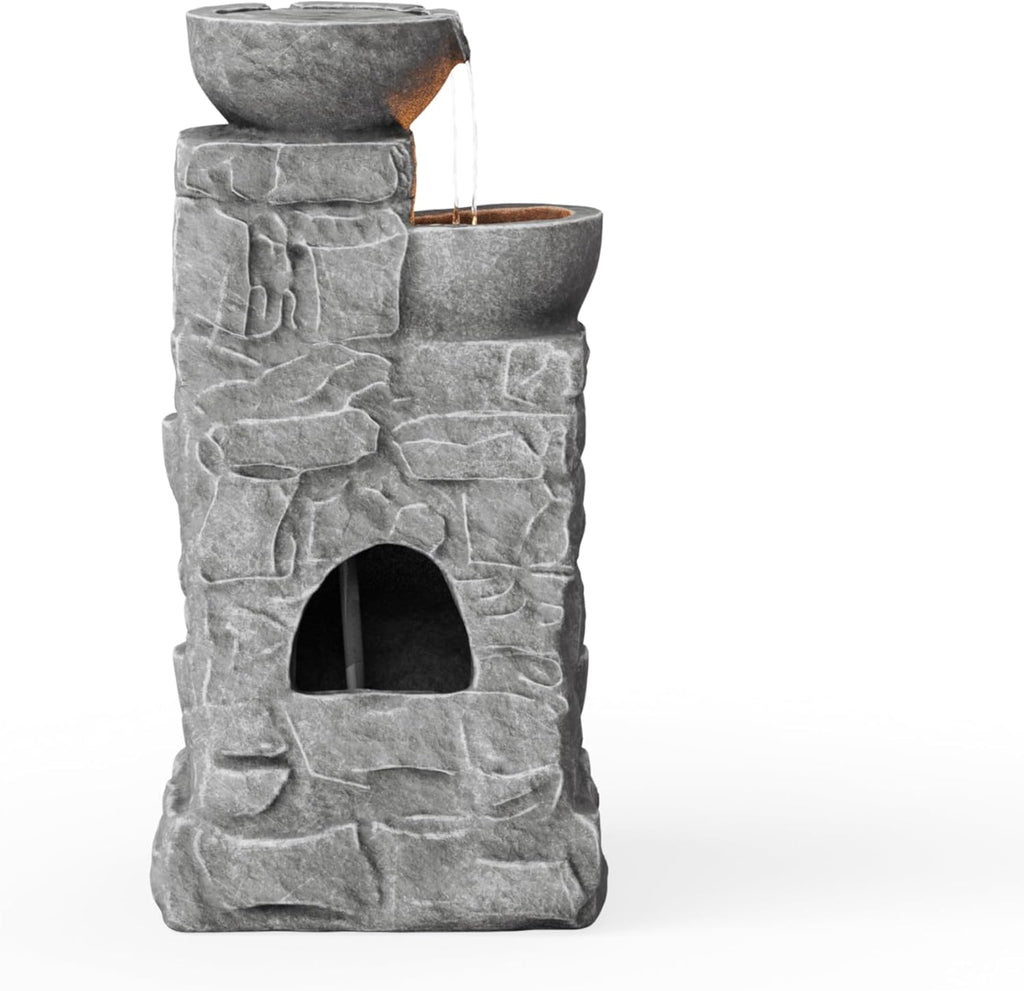 33" Outdoor Water Fountain with LED Lights, 3-Tier Cascading Bowls, Weather-Resistant Resin Garden Water Feature